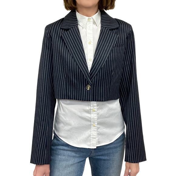 Amazon's The Drop Reims Cropped Blazer Sz S New $79 Navy Blue Pinstripe Lined - Picture 2 of 12